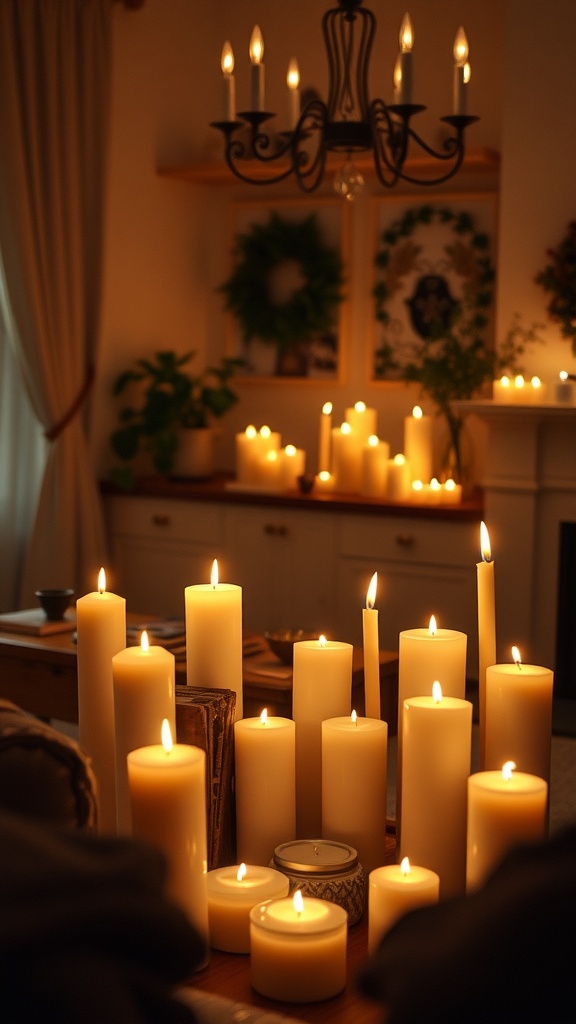 A candlelit living room with various candles lit, creating a warm and inviting atmosphere.