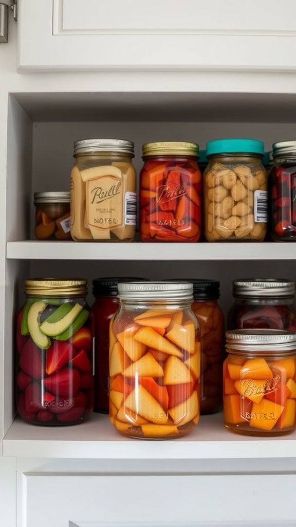 A neatly organized shelf displaying various jars of canned fruits and vegetables, showcasing vibrant colors and homey charm.