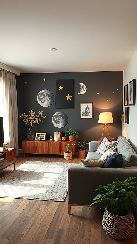 A cozy living room with celestial motifs featuring moons and stars on a dark wall.