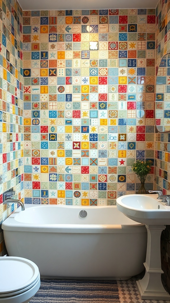 Colorful ceramic tiles covering a bathroom wall with various patterns.