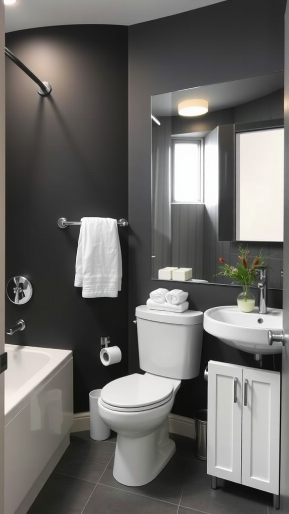 A modern bathroom with charcoal grey walls, white fixtures, and a touch of greenery.