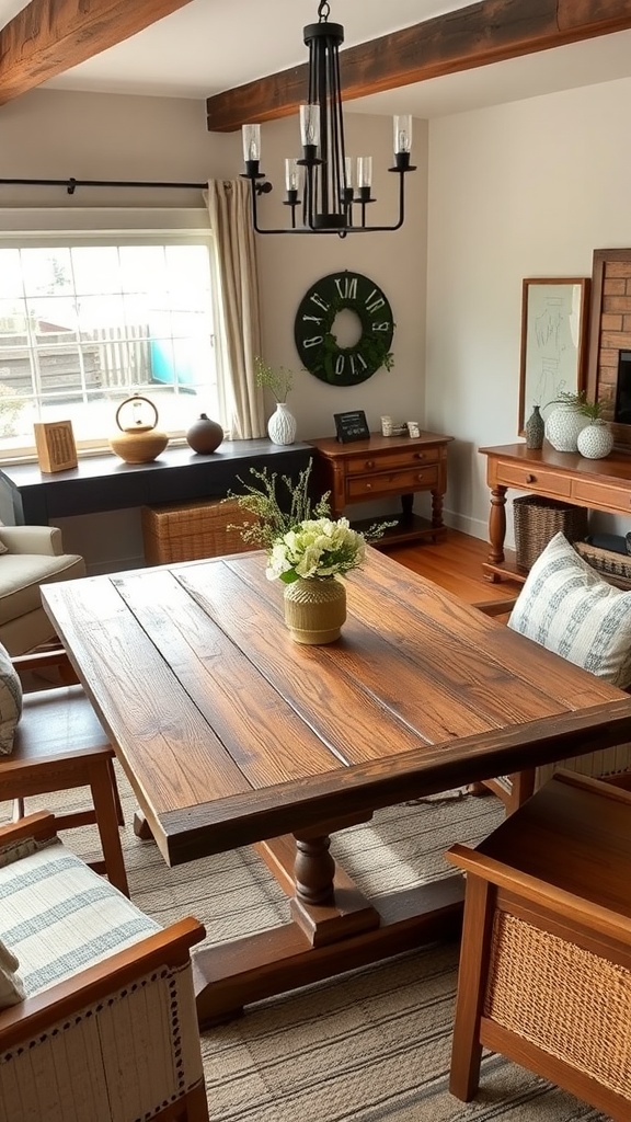 A charming farmhouse table in a stylish living room with cozy chairs and a floral centerpiece.