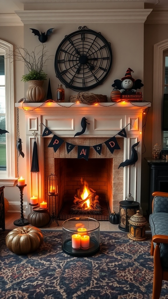 Witchy living room fireplace setup with candles, pumpkins, and spooky decorations.