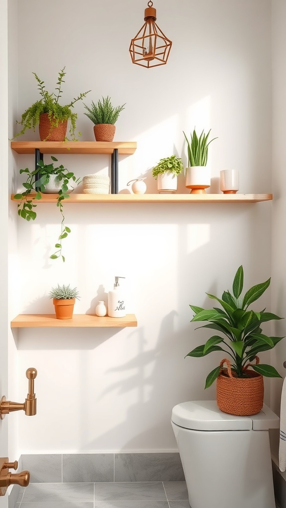 Charming bathroom with floating wooden shelves displaying various plants and decor.