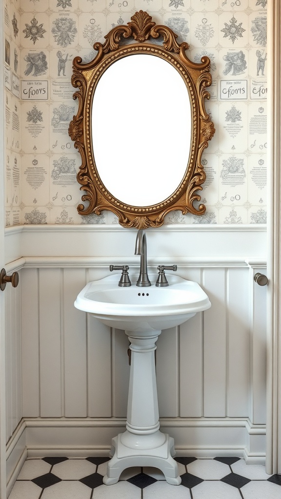 Charming vintage bathroom with a white pedestal sink, ornate gold mirror, and patterned wallpaper.