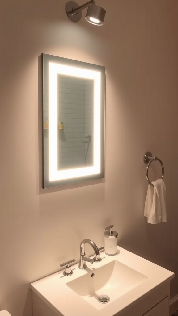 A chic bathroom featuring a backlit mirror above a modern sink.