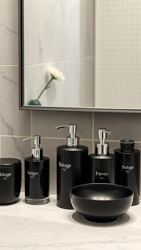 Stylish black toiletries arranged on a marble countertop
