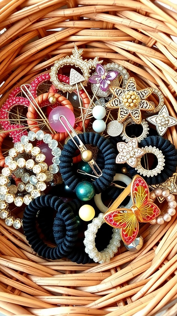 A basket filled with various hair accessories including bobby pins and colorful scrunchies.