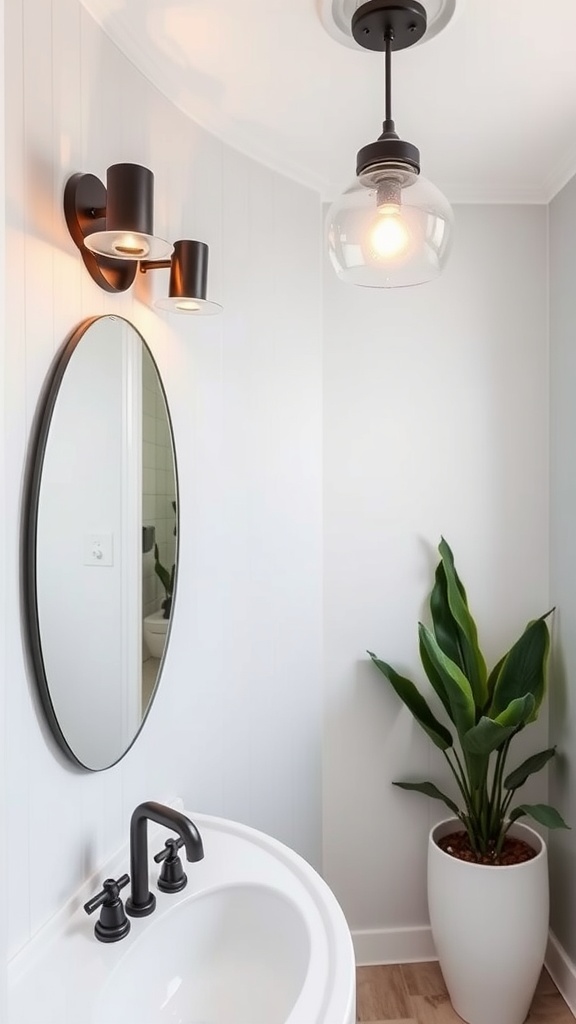 Modern bathroom lighting with wall sconces and a pendant light