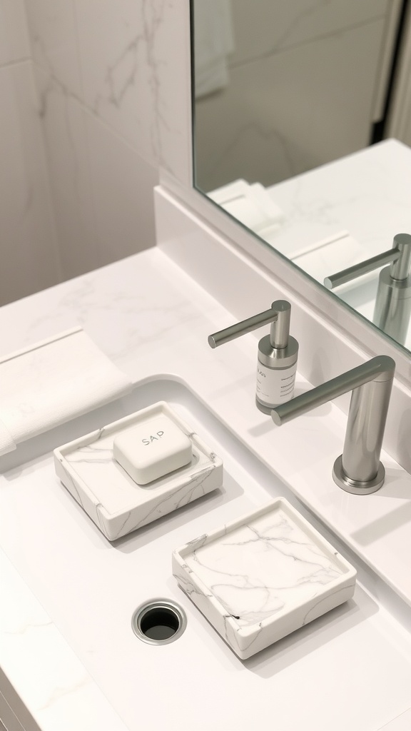 A modern bathroom sink with marble accents, featuring a marble soap dish and tray, sleek metallic fixtures, and a clean design.