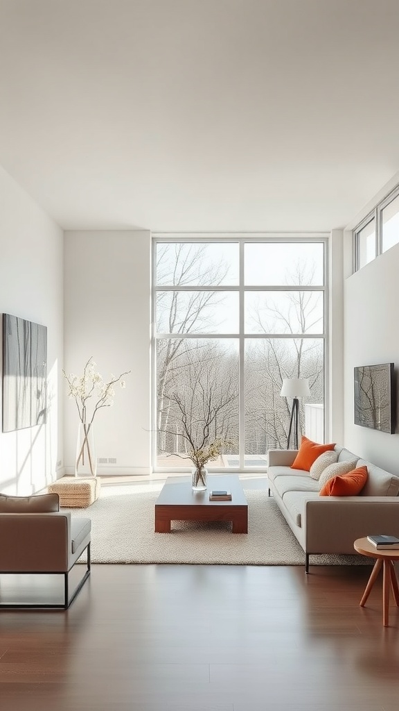 A minimalist living room with large windows, neutral furniture, and a cozy atmosphere.