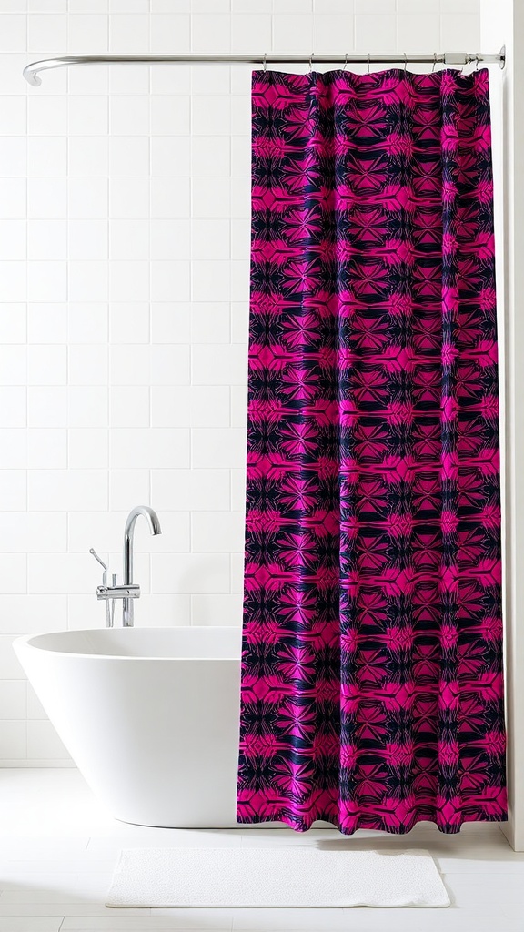 Chic pink and black patterned shower curtain in a bathroom with a white bathtub.