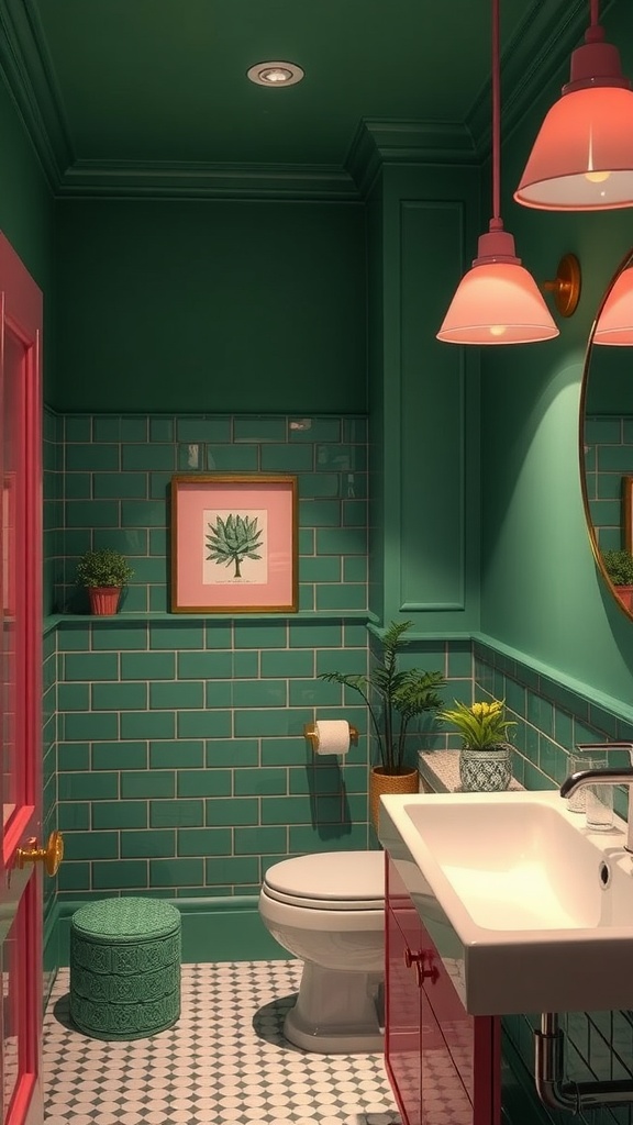 Chic pink lighting fixtures in a green bathroom