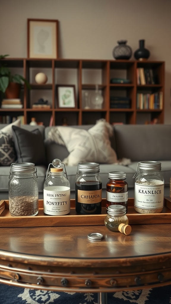 A chic living room featuring a wooden table with jars of potion ingredients and a cozy couch in the background.