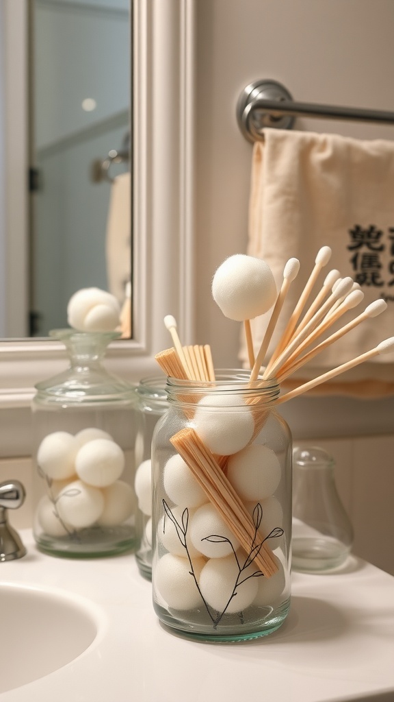 Chic storage jars filled with cotton balls and swabs on a bathroom counter