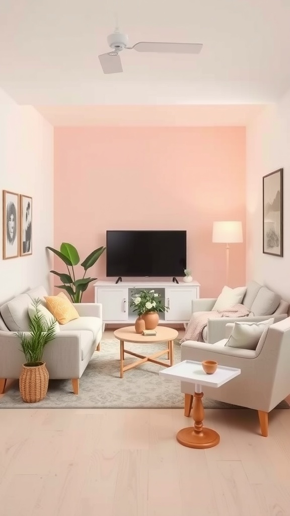A small living room featuring light peach walls, neutral sofas, and a cozy layout with plants and wooden accents.