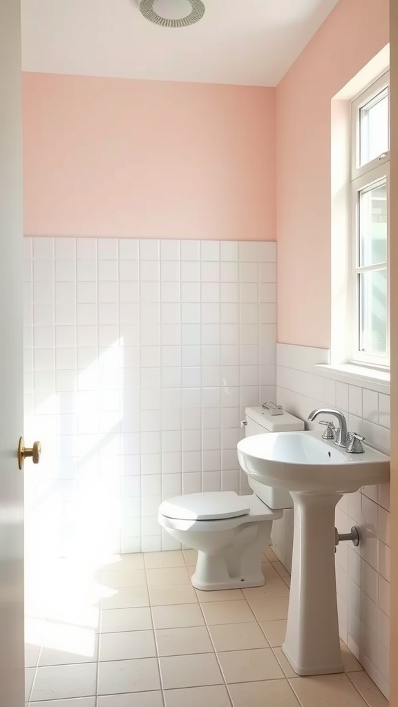 Small bathroom with light pink walls and white tiles, creating a spacious feel.