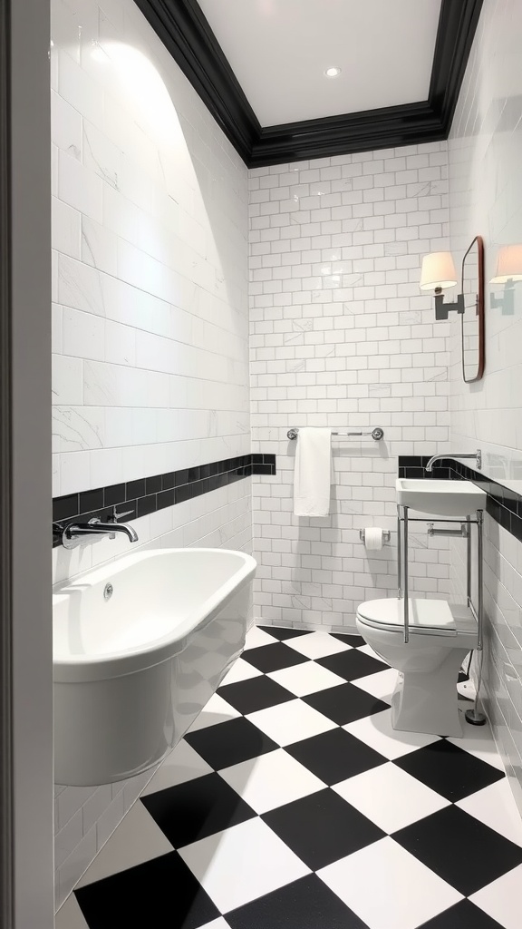 A bathroom featuring classic black and white checkerboard tiles on the floor, with white subway tiles on the walls and stylish lighting.