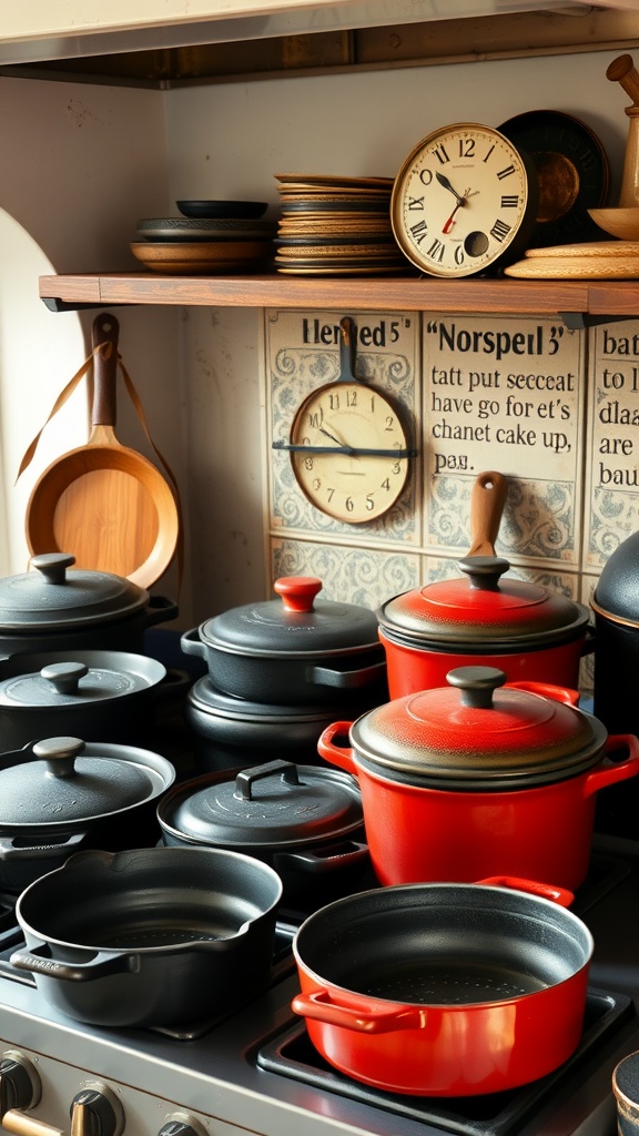 A collection of classic cast iron cookware, including black and red pots and pans, displayed on a stove