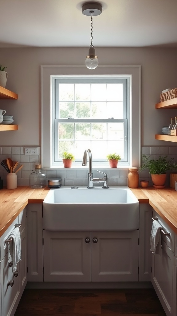A classic farmhouse sink in a country cottage kitchen with wooden countertops and open shelving.