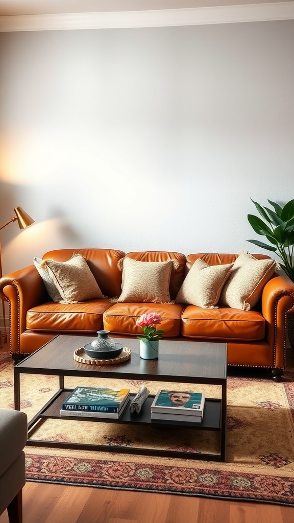 A cozy living room featuring a classic leather sofa with throw pillows, a coffee table with books and a plant, and a decorative rug.