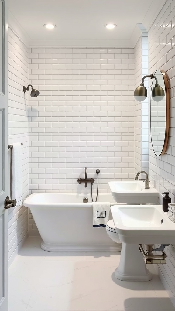 A bathroom featuring classic white subway tile walls, a vintage bathtub, and modern fixtures.
