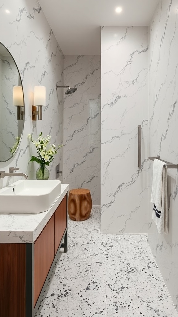 A modern bathroom featuring marble walls and a speckled terrazzo floor, complemented by wood cabinetry and stylish decor.