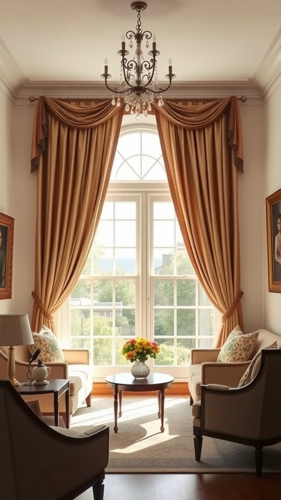 A cozy living room featuring classic drapes, a chandelier, and comfortable seating.