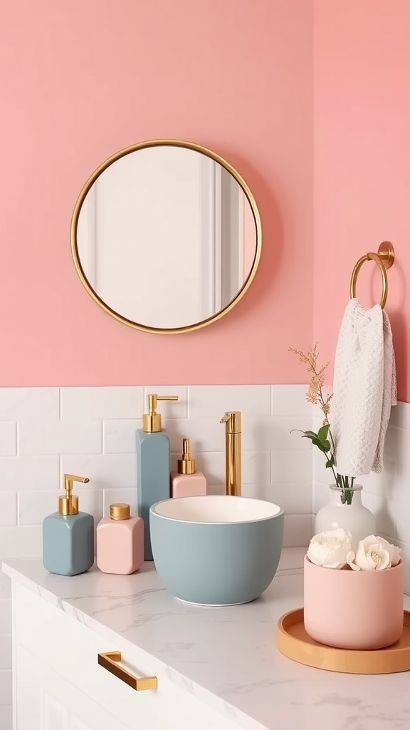 A stylish bathroom counter with pastel colored decor including pink and blue containers, a round mirror with a gold frame, and a white sink.