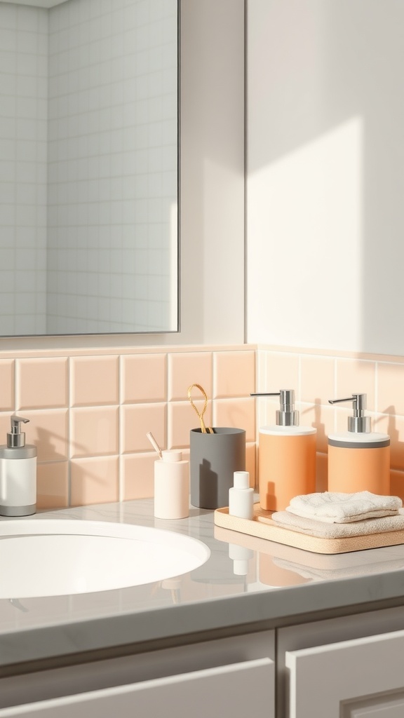 A well-organized college bathroom countertop with color-coordinated accessories including soap dispensers, a toothbrush holder, and towels