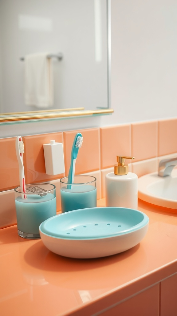 Colorful bath accessories set on a coral countertop featuring toothbrushes, a soap dispenser, and a dish.