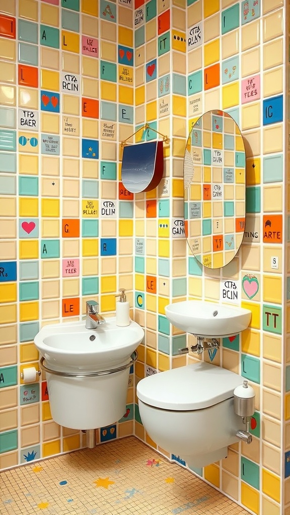 A colorful bathroom with patterned ceramic tiles on the walls, featuring a round mirror and white sink and toilet.