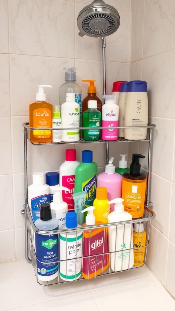 A colorful shower caddy filled with various bottles of shampoos and body washes.