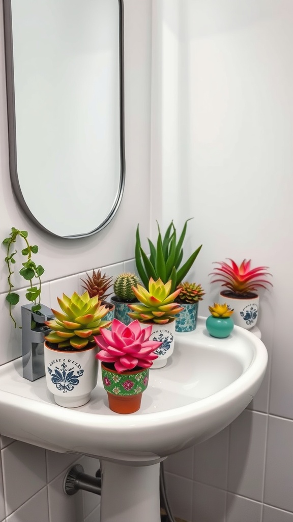 A colorful arrangement of succulents on a bathroom sink with a mirror in the background.
