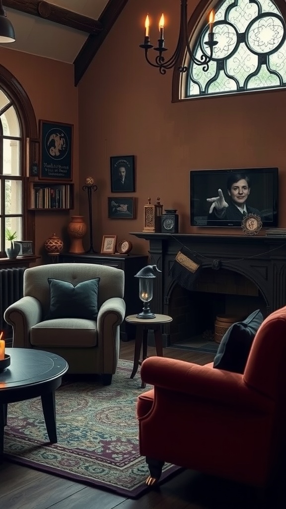 A cozy witchy living room featuring a gray armchair, a vibrant red chair, a round coffee table, and warm lighting.