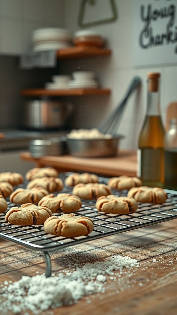 A cozy kitchen scene with freshly baked cookies cooling on a wire rack, flour on the countertop, and a bottle of olive oil nearby.