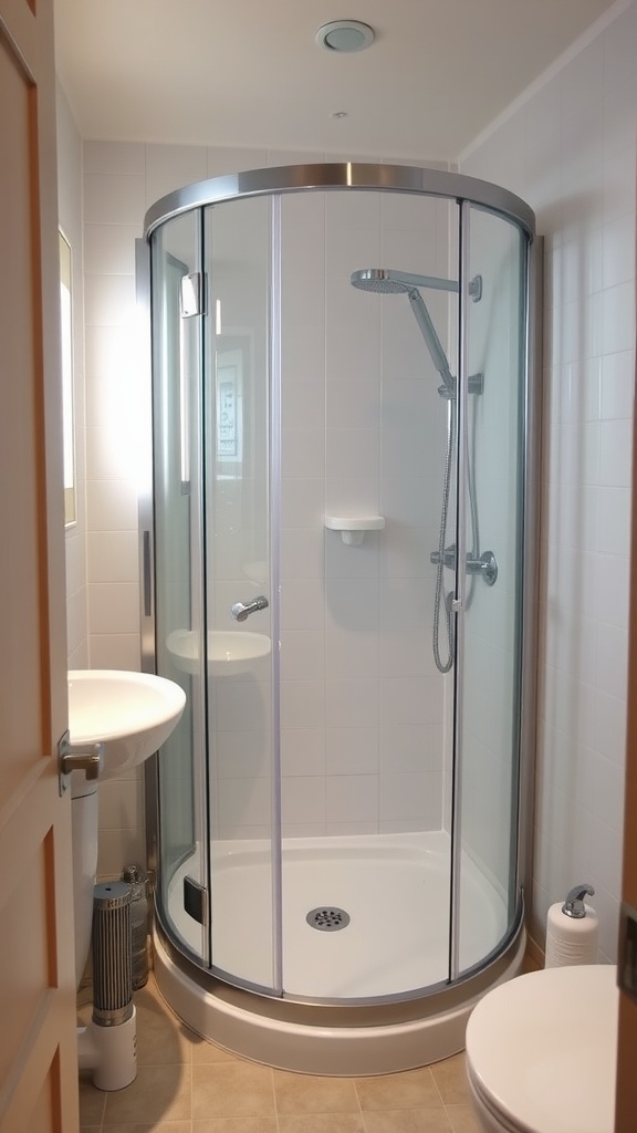 A compact shower with curved glass doors and modern fixtures in a small bathroom.