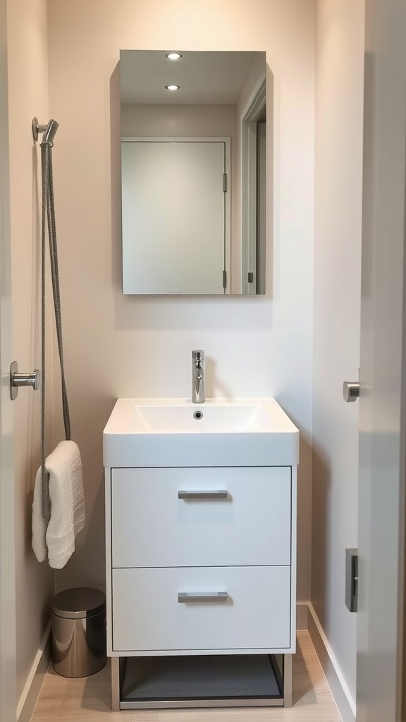 A compact bathroom with a sleek white vanity, modern mirror, and minimal decor.