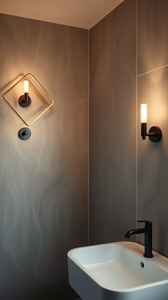 Two contemporary geometric wall lights in a stylish bathroom setting.
