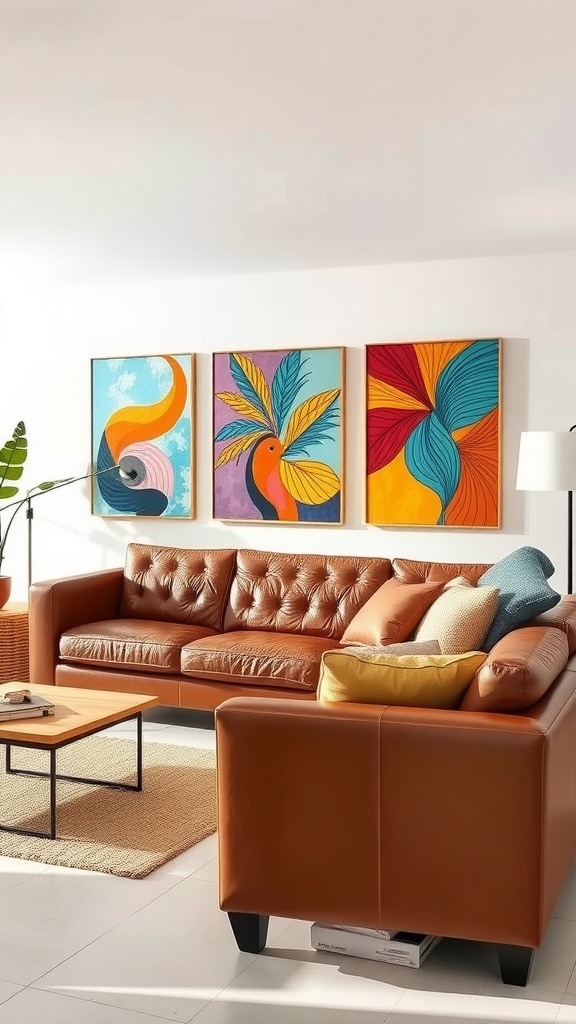 Living room featuring a brown leather couch, light walls, colorful artwork, and plants