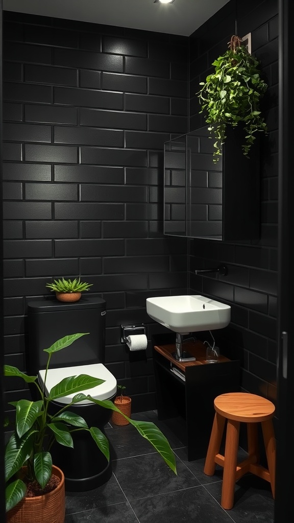 A stylish black bathroom featuring plants for a natural touch.