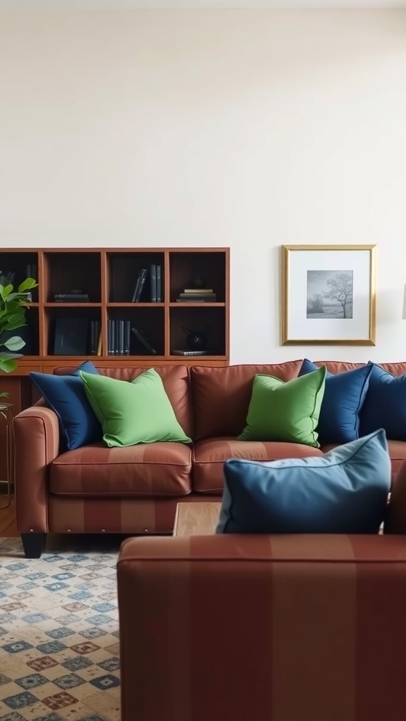 A cozy living room featuring a brown couch adorned with green and blue pillows, complemented by a tasteful decor.
