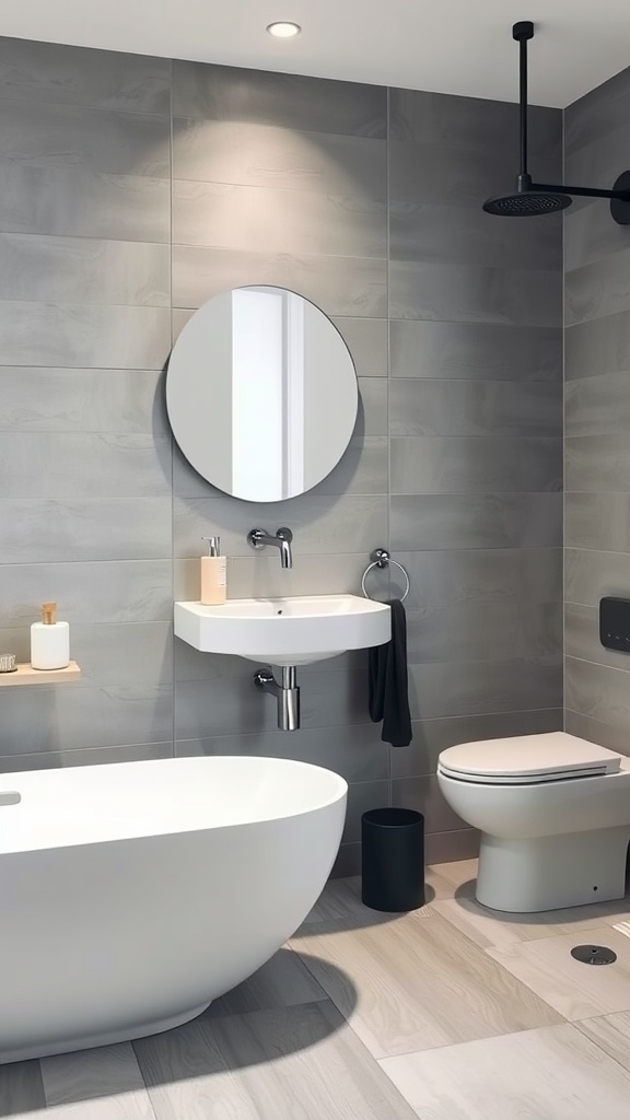A modern bathroom featuring cool gray tiles, a white freestanding bath, and minimalist decor.