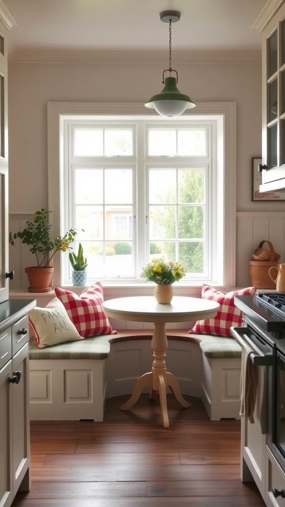 A cozy breakfast nook with built-in seating, decorated with checkered pillows and a small round table by a large window.