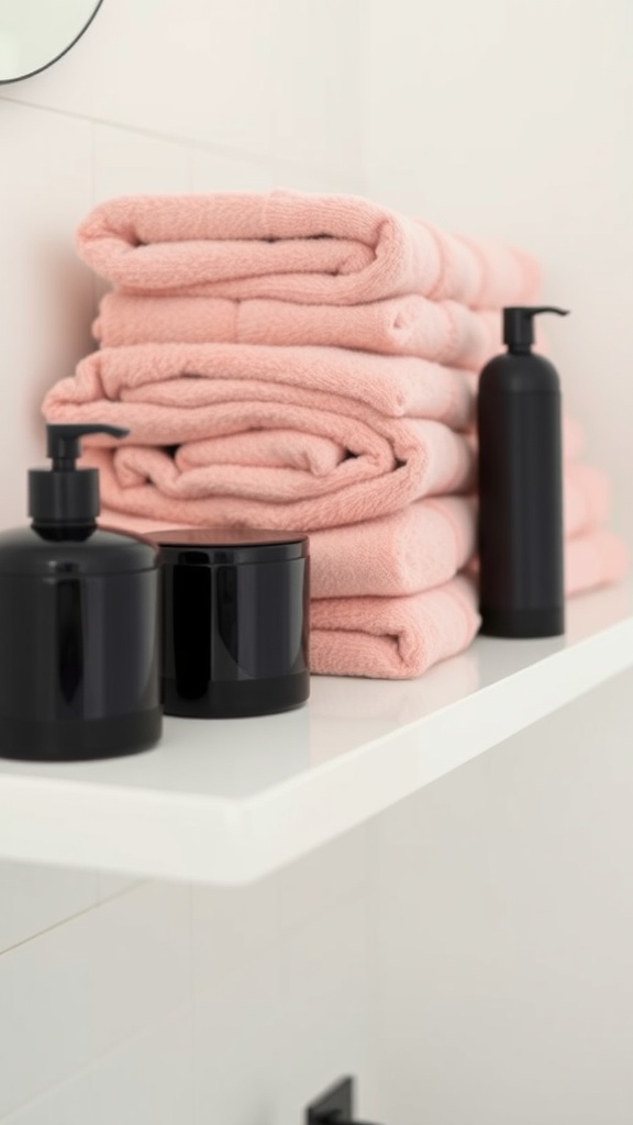 Stack of cozy pink towels with black accent containers on a shelf