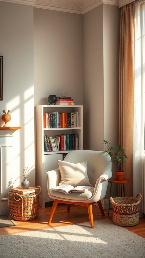 A cozy reading nook with a plush armchair, side table with a plant, and bookshelves filled with colorful books in a modern living room.