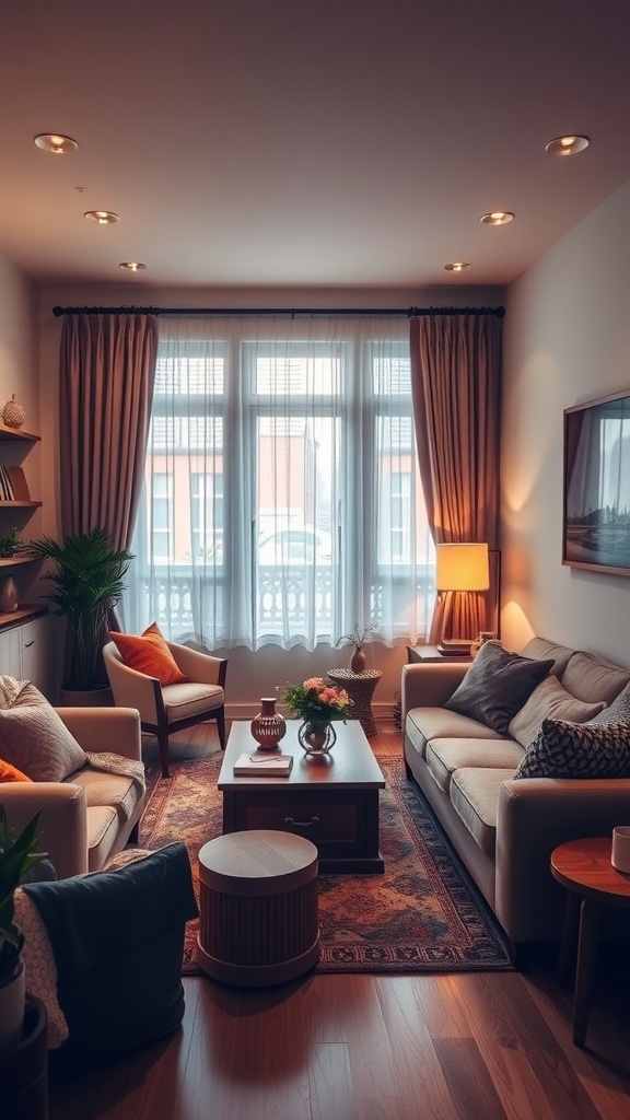 Cozy French country living room with comfortable seating and natural light