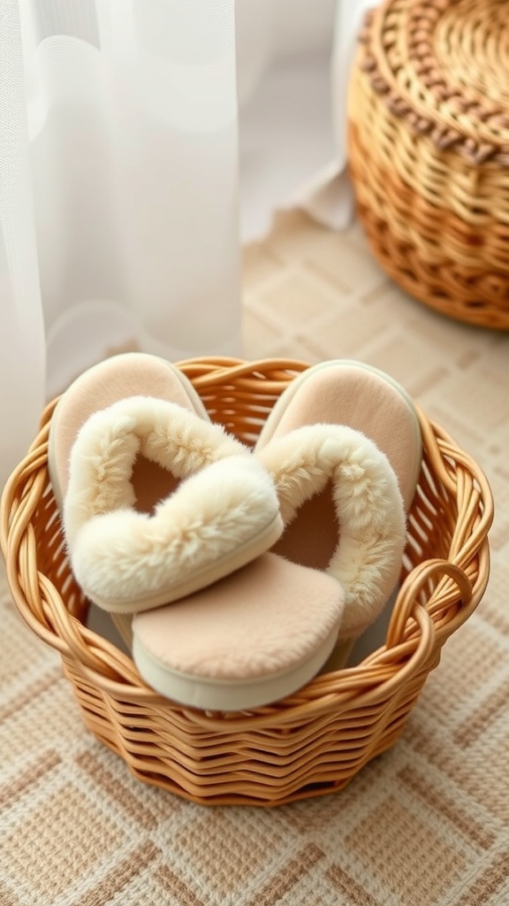 A pair of cozy slippers in a woven basket.