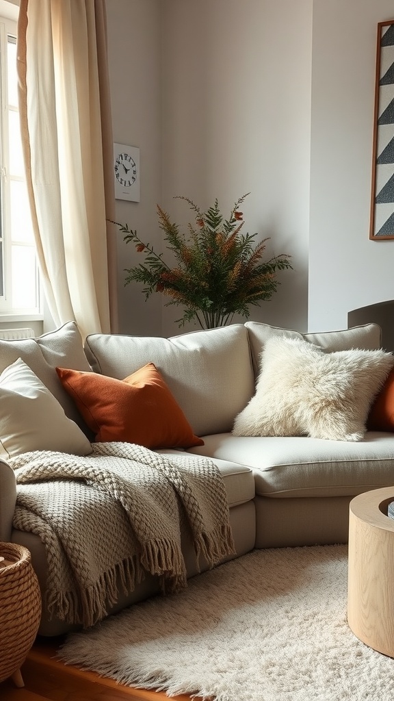 A cozy living room with a light sofa, colorful cushions, a chunky knit blanket, and a fluffy rug
