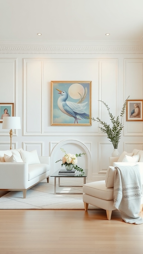 A stylish living room with creamy white furniture, decorative art, and plants